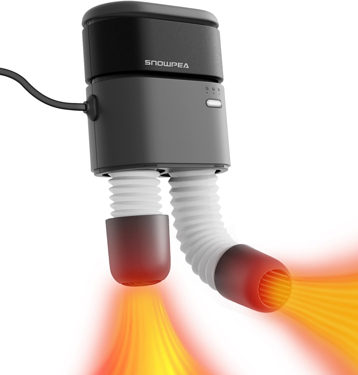 Highlights the overall form factor, compact size, and dual-hose drying setup.