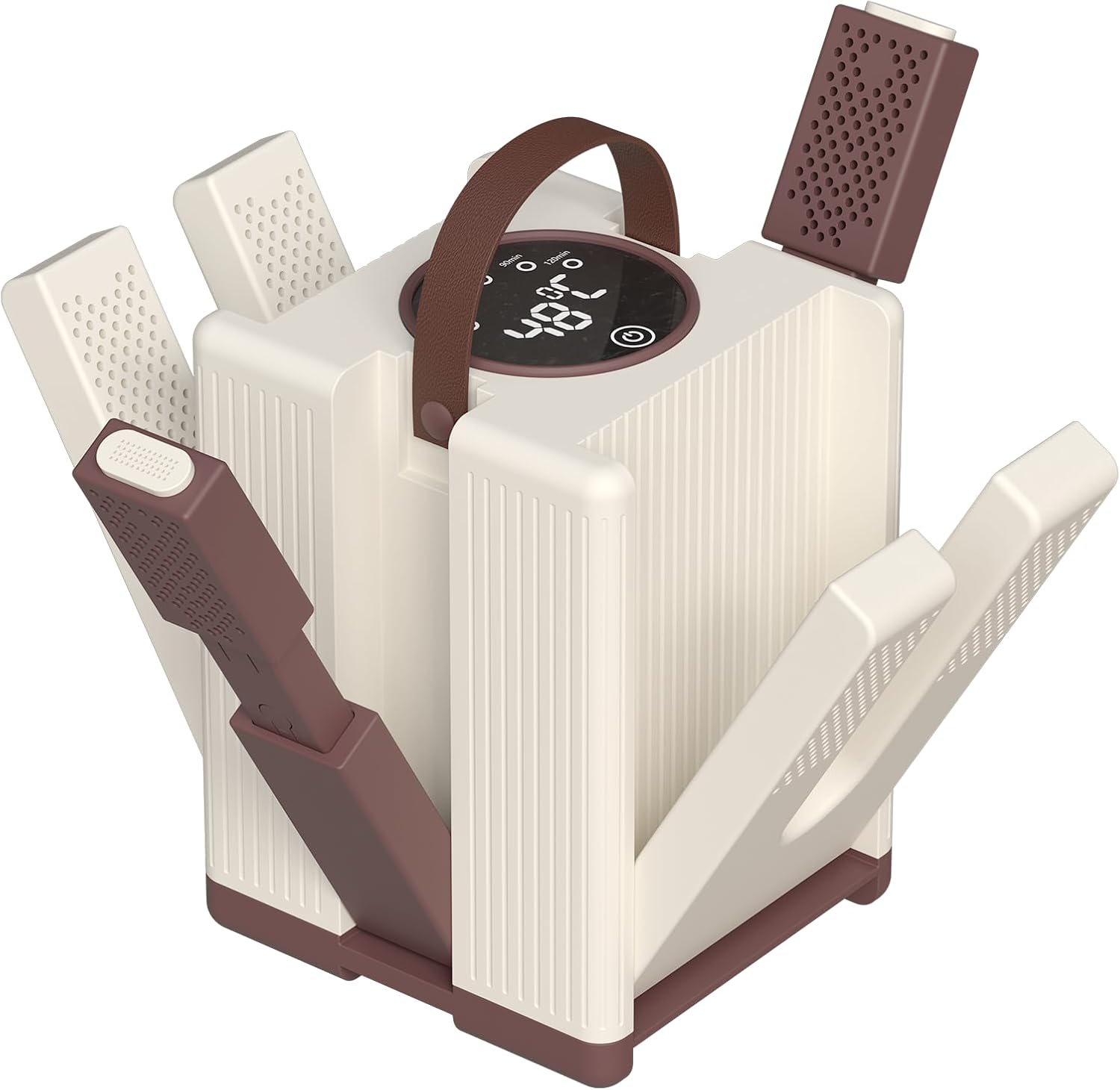 Highlights the 6-arm drying structure, foldable design, and multi-item drying capability.