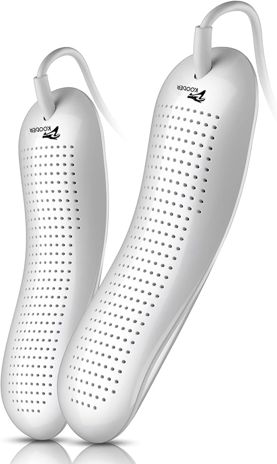 Highlights the product’s compact size, simple design, and main use as a shoe dryer.