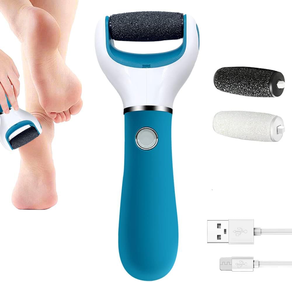 Foot Scrubber Electric Callus Remover Rechargeable Foot File Hard Skin Remover Pedicure Tools Electronic Callus Kit For Cracked Heels And Dead Skin With 2 Roller Heads, Blue