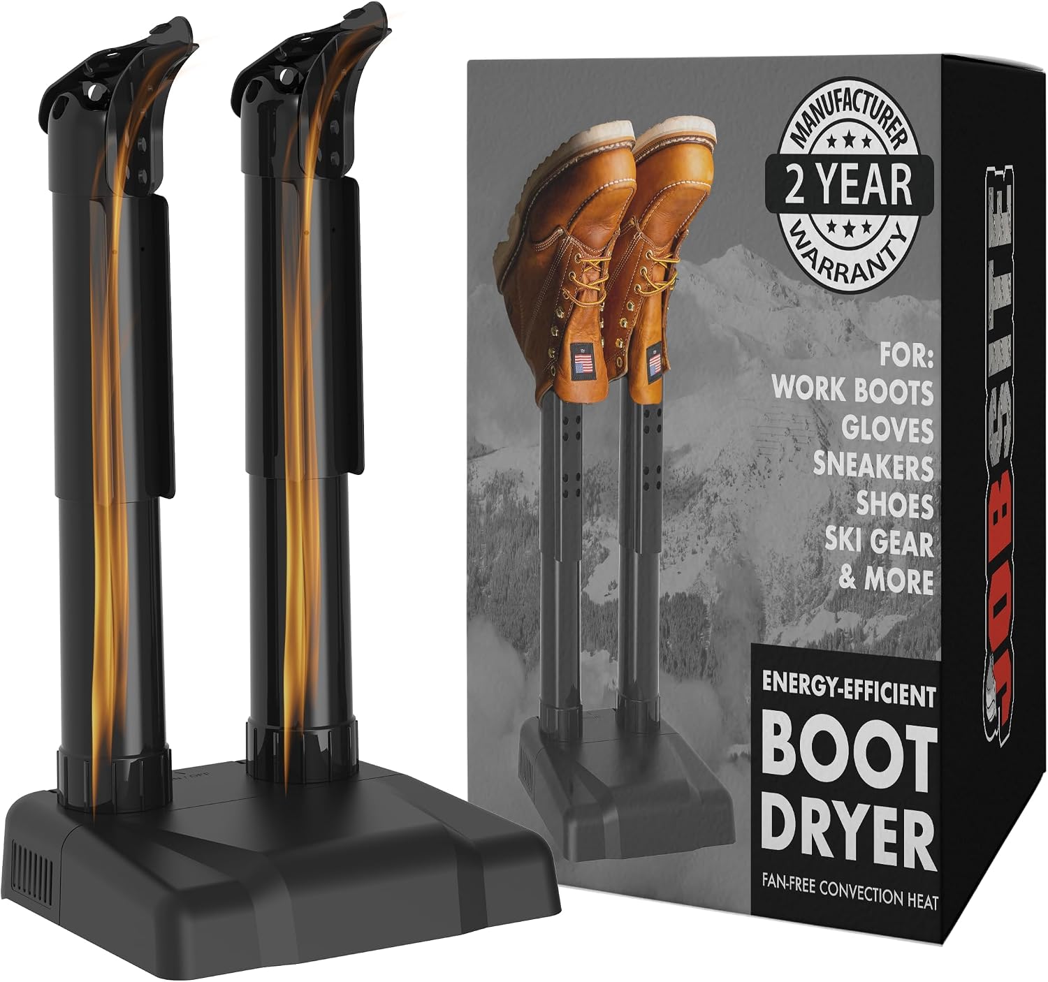 Shows the overall shape, compact footprint, and the main product identity as a boot and shoe dryer.