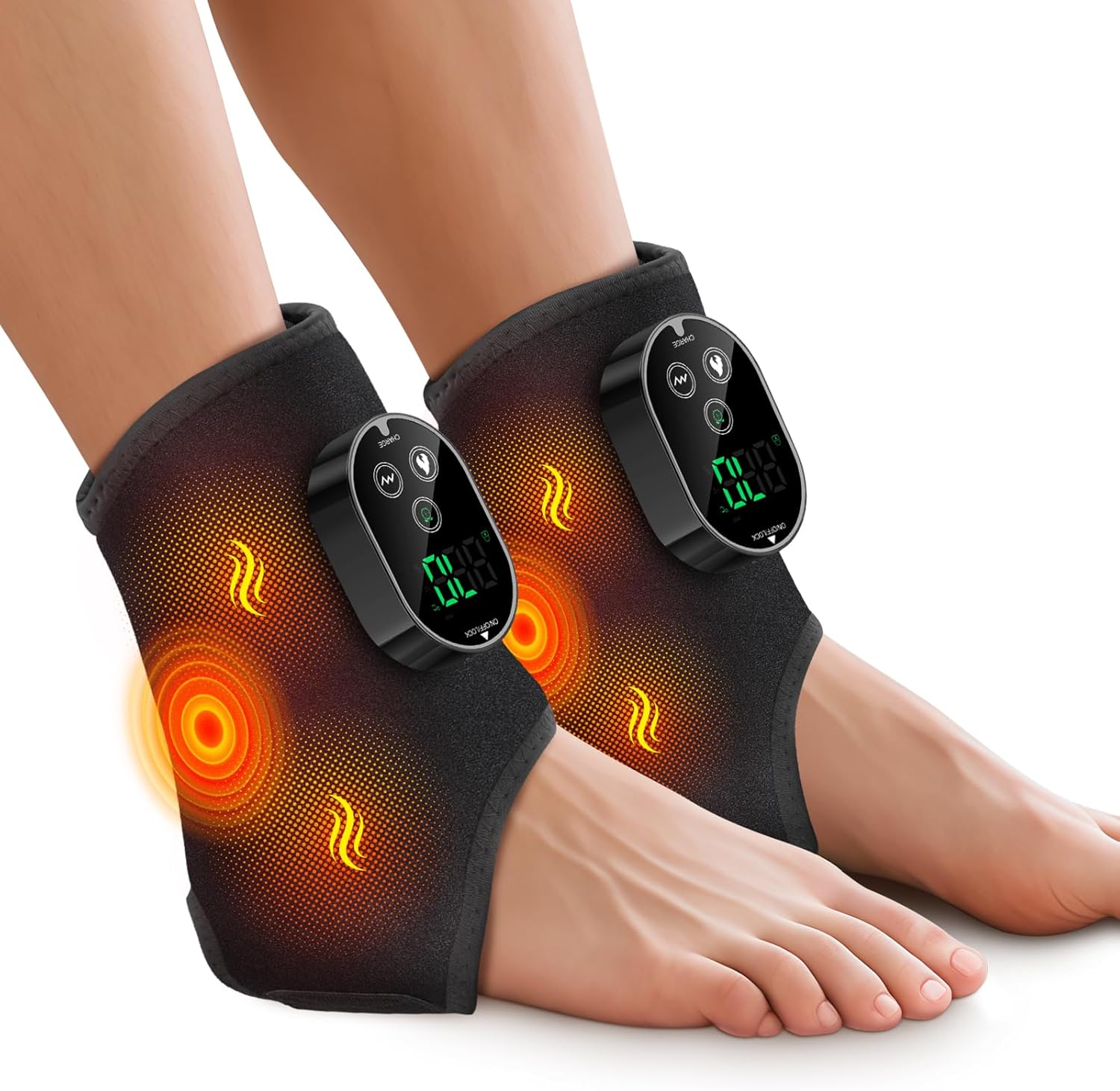 Highlights the overall form factor, portability, and the fact that this is a wearable heat-and-massage device rather than a bulky machine.