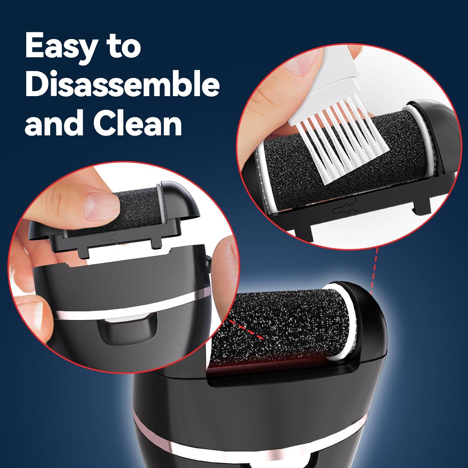 Helps explain the abrasive surface and how the different roller heads support coarse to fine exfoliation.