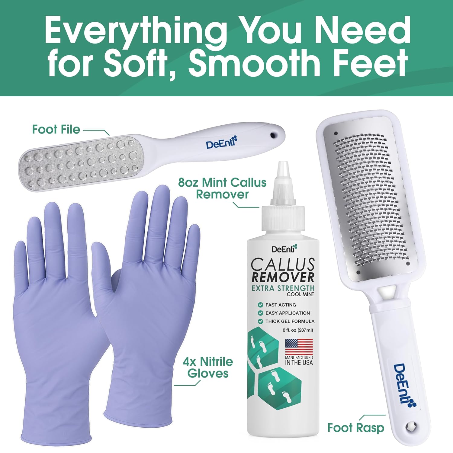 Deenti Callus Maintenance Pack, Bundle Includes Mint Scented Callus Remover, Metal Foot Rasp, Foot File, And 4 Pairs Of Gloves, Salon Grade Foot Care, Home Manicure And Pedicure Kit