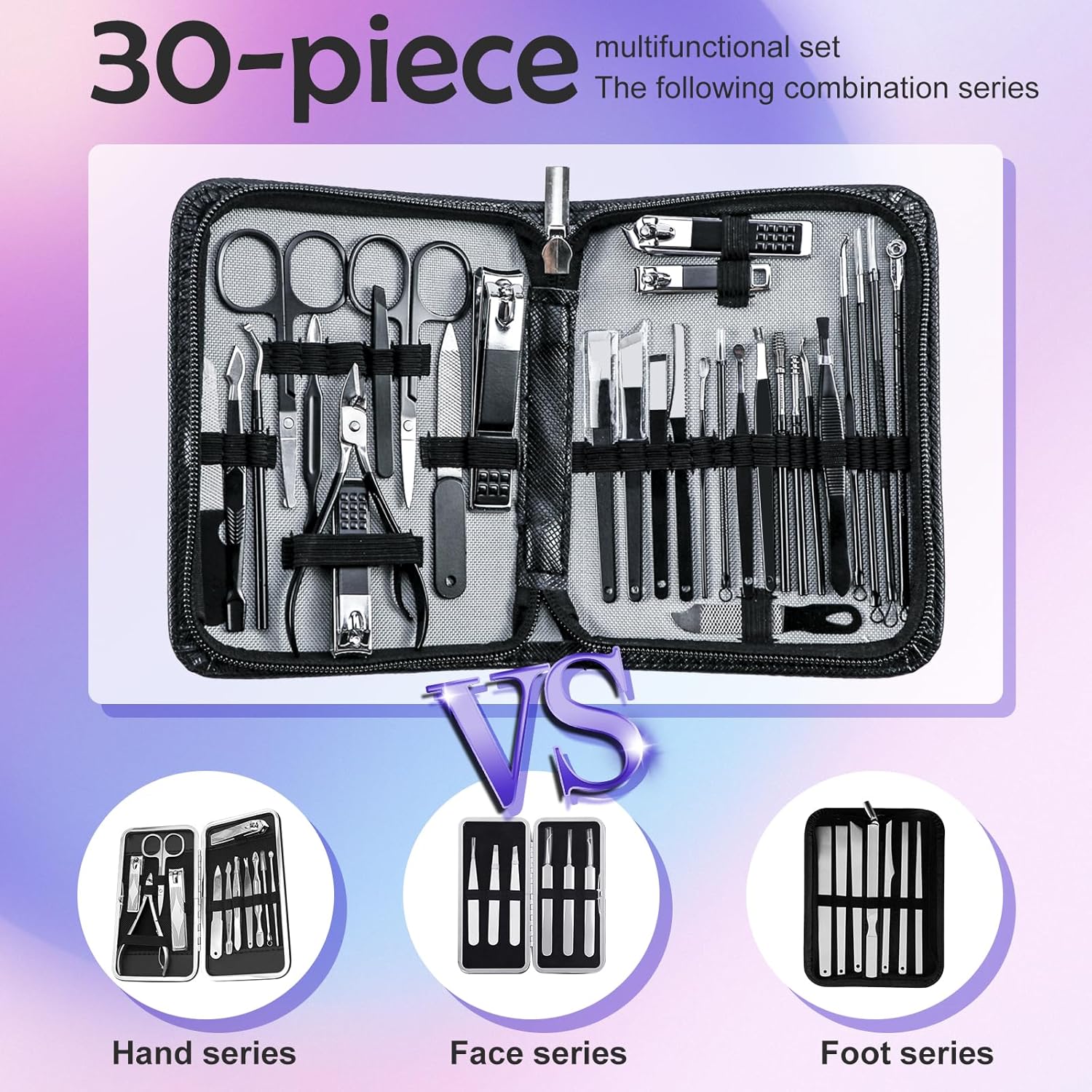 Manicure Pedicure Kit Professional 30Pcs Complete Nail Care Kit，Fingernail And Toenail Clippers And Manicure Kit For Men With Travel Deluxe Beauty Tools Convenience Set (Black)