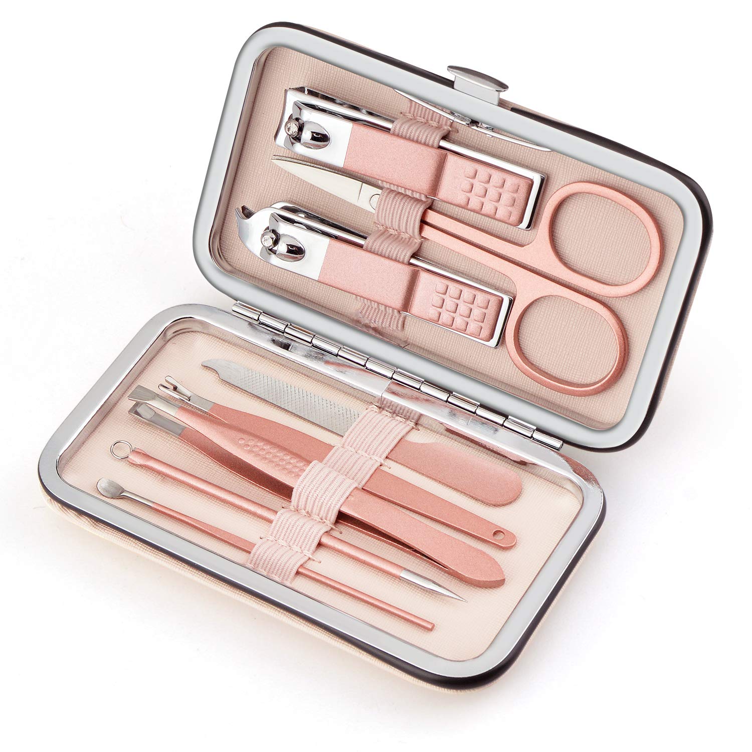 Manicure Set, 8 In 1 Stainless Steel Professional Pedicure Kit Nail Scissors Grooming Kit With Pink Leather Travel Case Pink
