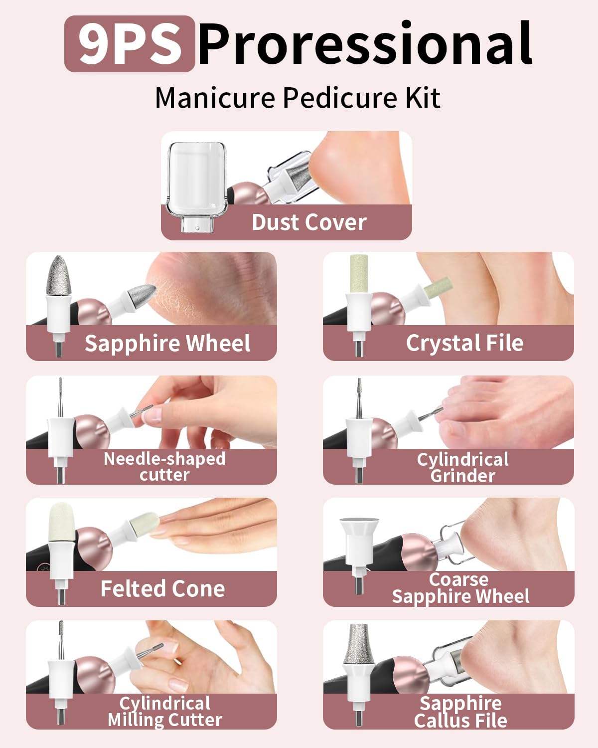 Supports the included accessories count and versatility for different nail and foot-care tasks.