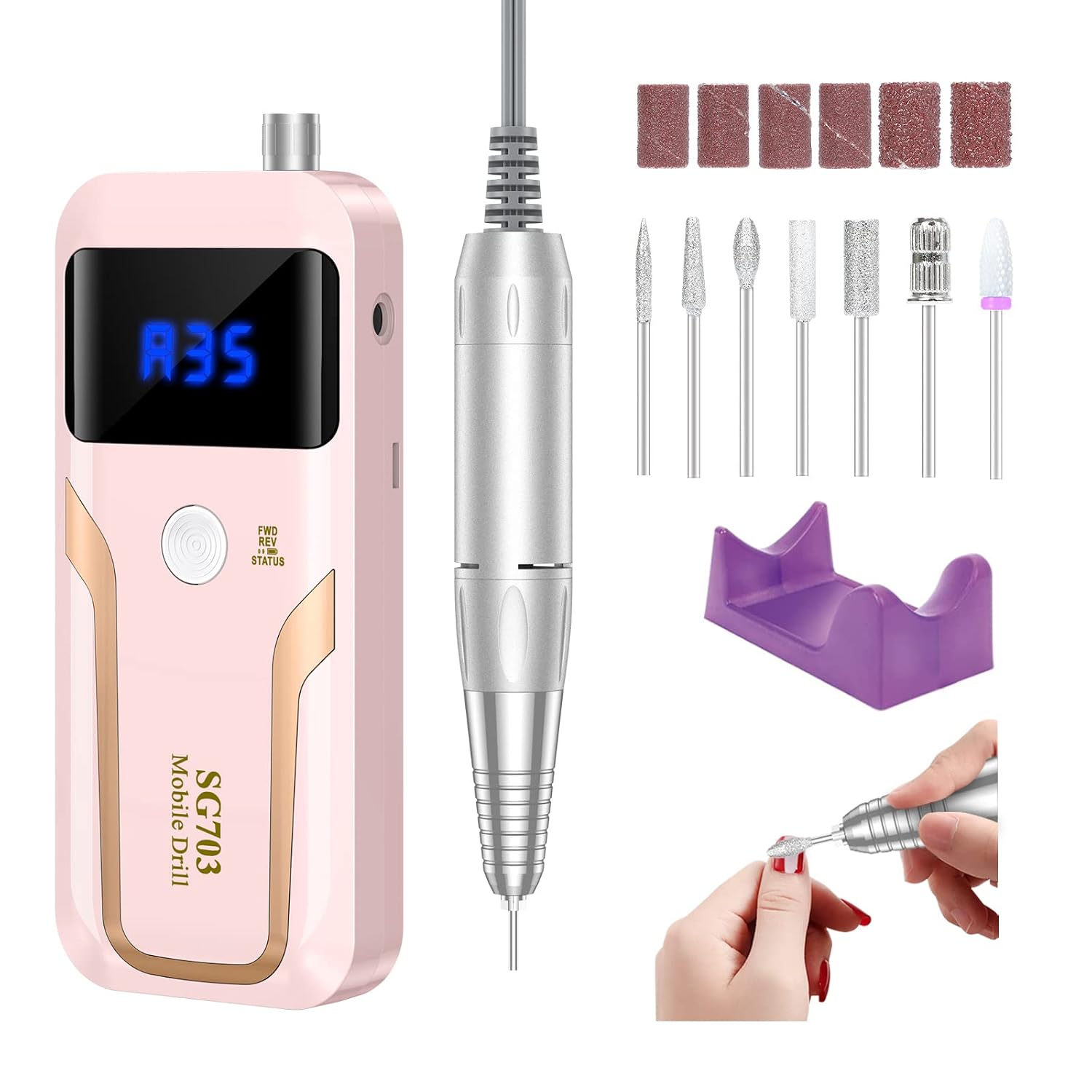 Mocowind Portable Nail Drill Professional 35000Rpm, Electric Nail File | Rechargeable e File Machine For Acrylic Gel Polishing Removing, Cordless E-File With Bits Kit For Manicure Salon Home, Pink
