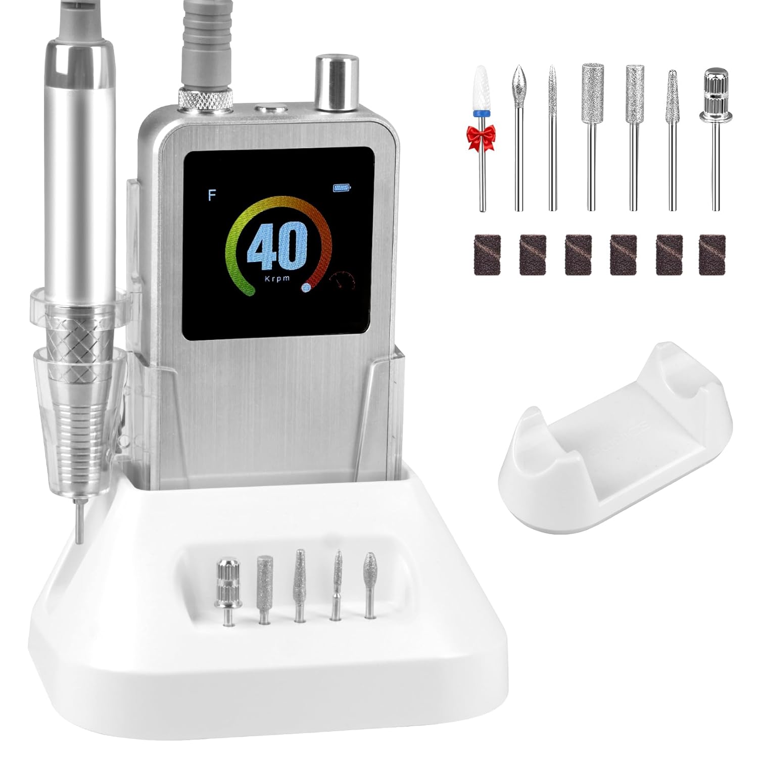 Overall design, premium silver look, and first-impression positioning as a professional nail drill.