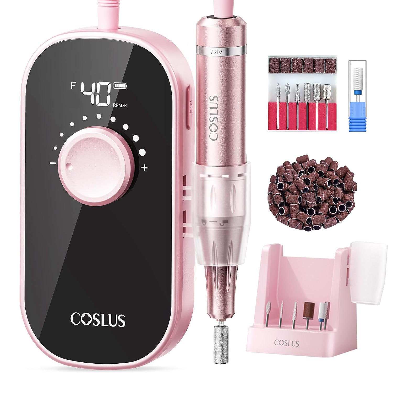 This image helps highlight the overall design, color, portability, and the fact that it is a complete electric nail drill kit.