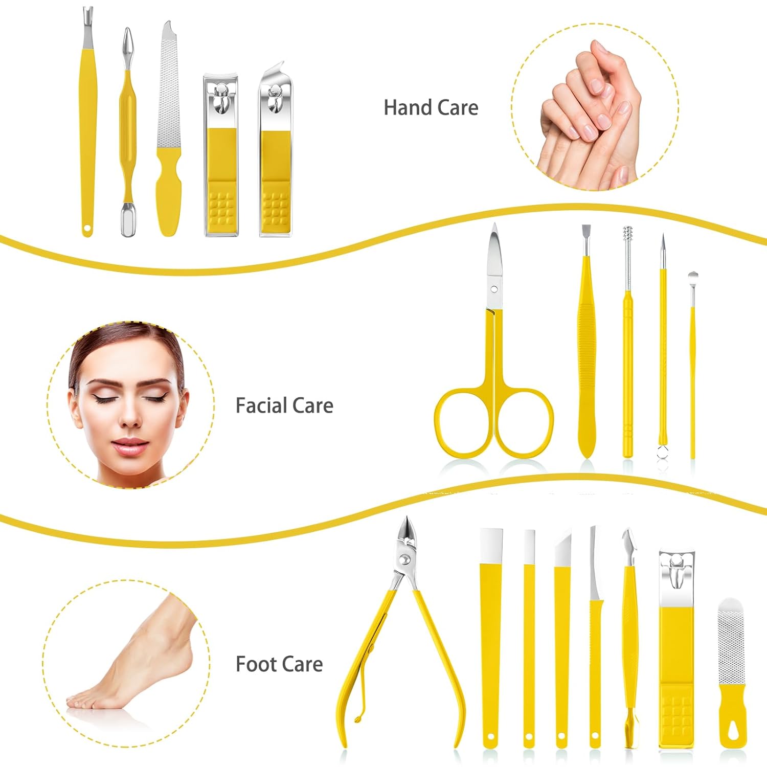 Teamkio 18Pcs Manicure Set Pedicure Nail Clippers Set Travel Hygiene Kit Stainless Steel Professional Cutter Care Set Scissor Tweezers Knife Ear Pick Tools Grooming Kits With Leather Case(Yellow）
