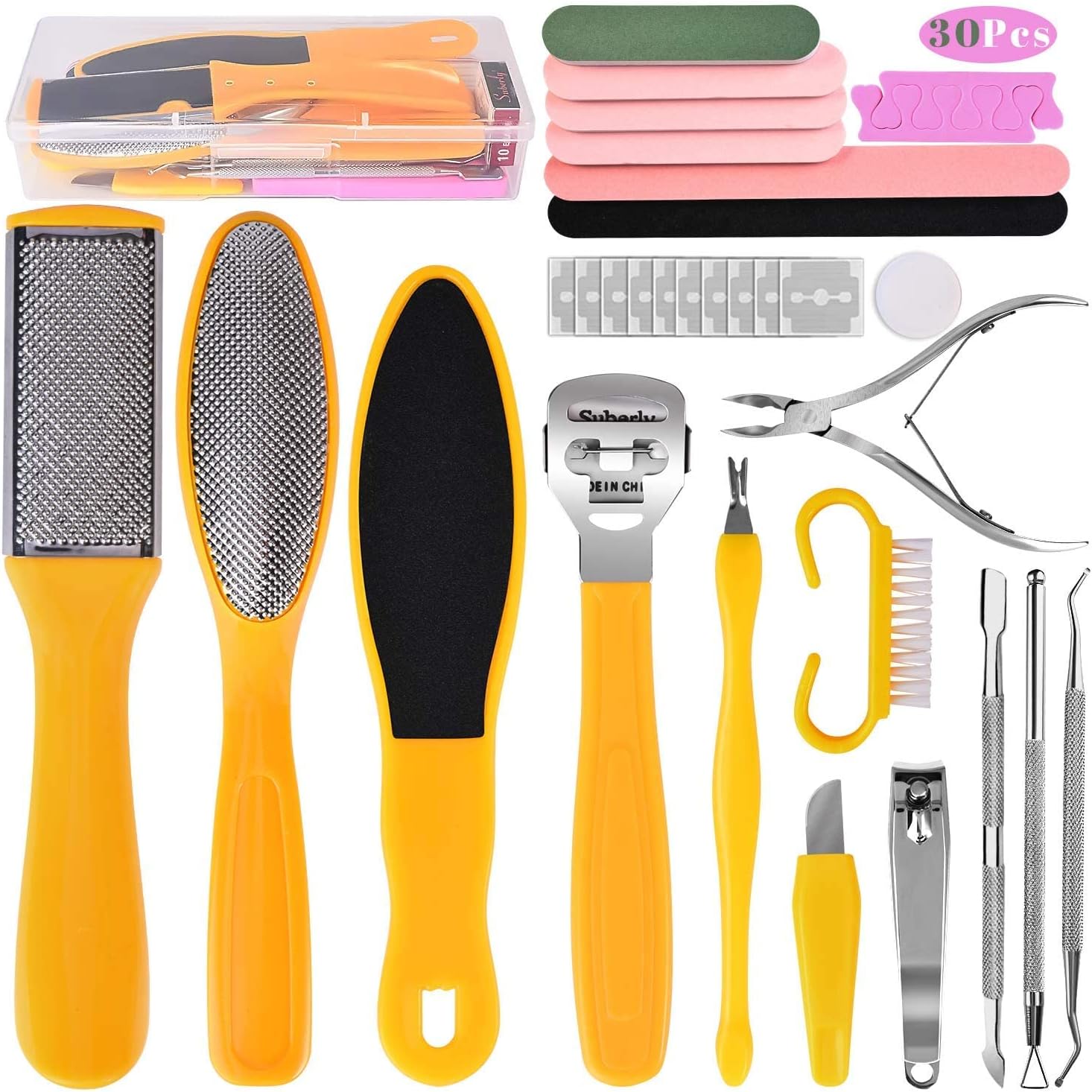 Professional Foot Care Kit, 30-Piece Pedicure Set With Foot File, Callus Shaver, Hard Skin Remover (Yellow)