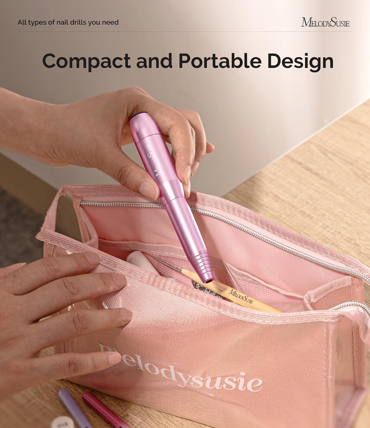 Shows what comes in the box and reinforces versatility for shaping, polishing, and cuticle care.