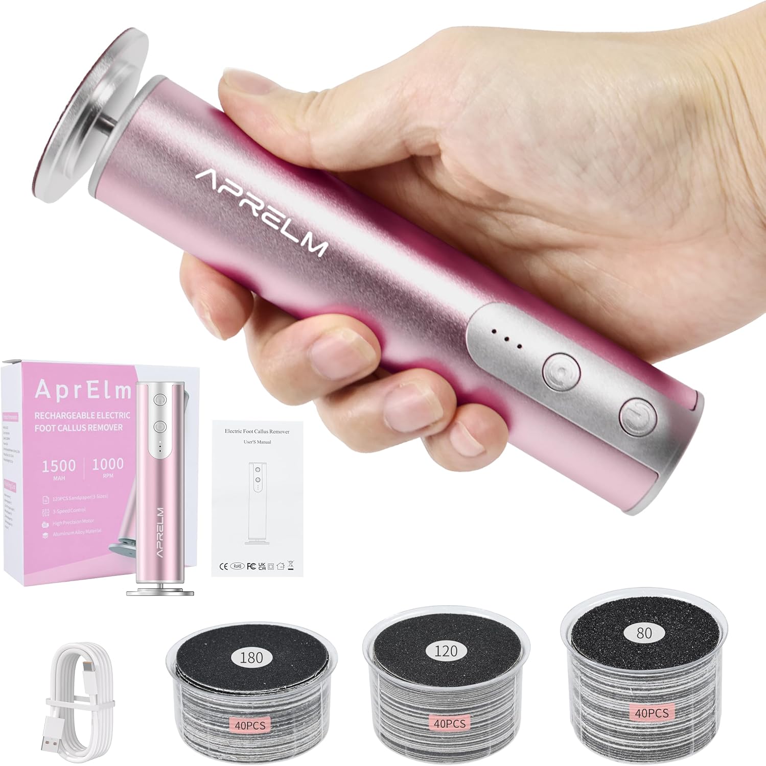 Rechargeable Electric Foot Callus Remover With 3-Sizes 120Pcs Sandpaper Discs, Professional 900Rpm 3-Speed Control Aluminum Electric Foot File For Dead Skin (E3 Rose Pink)
