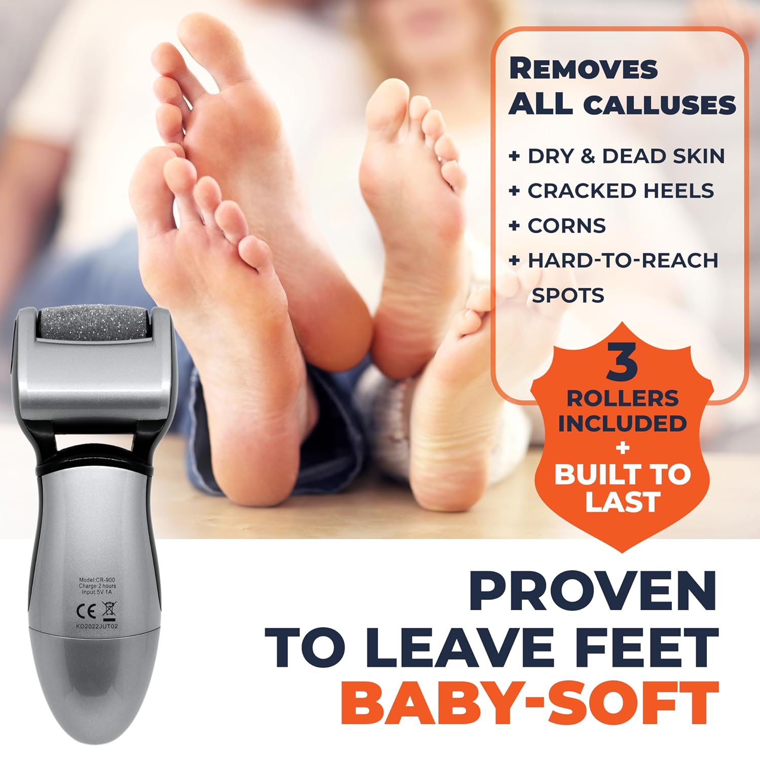 Own Harmony Electric Callus Remover - Rechargeable Foot File Pedicure Tool | Professional Foot Callus Grinder, Cordless, 3 Rollers, USB Cable, Water-Resistant, For Cracked Heels And Dry, Hard, Dead Skin