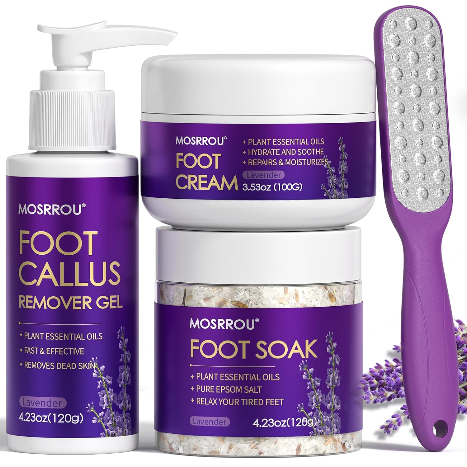 Pedicure Kit For Feet 4Pcs Foot Spa Kit For Christmas Birthday Valentine's Women Men Gift Lavender Feet Care Kit For Dry Cracked Foot Soak Salt Foot Callus Remover Gel Foot File Foot Cream