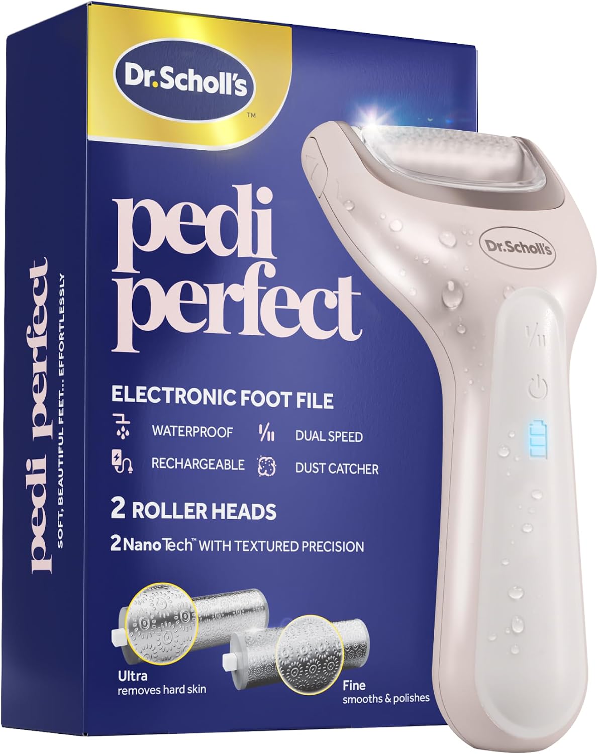 Highlights the overall form factor, brand recognition, and the fact that this is a compact electric foot file for at-home callus removal.