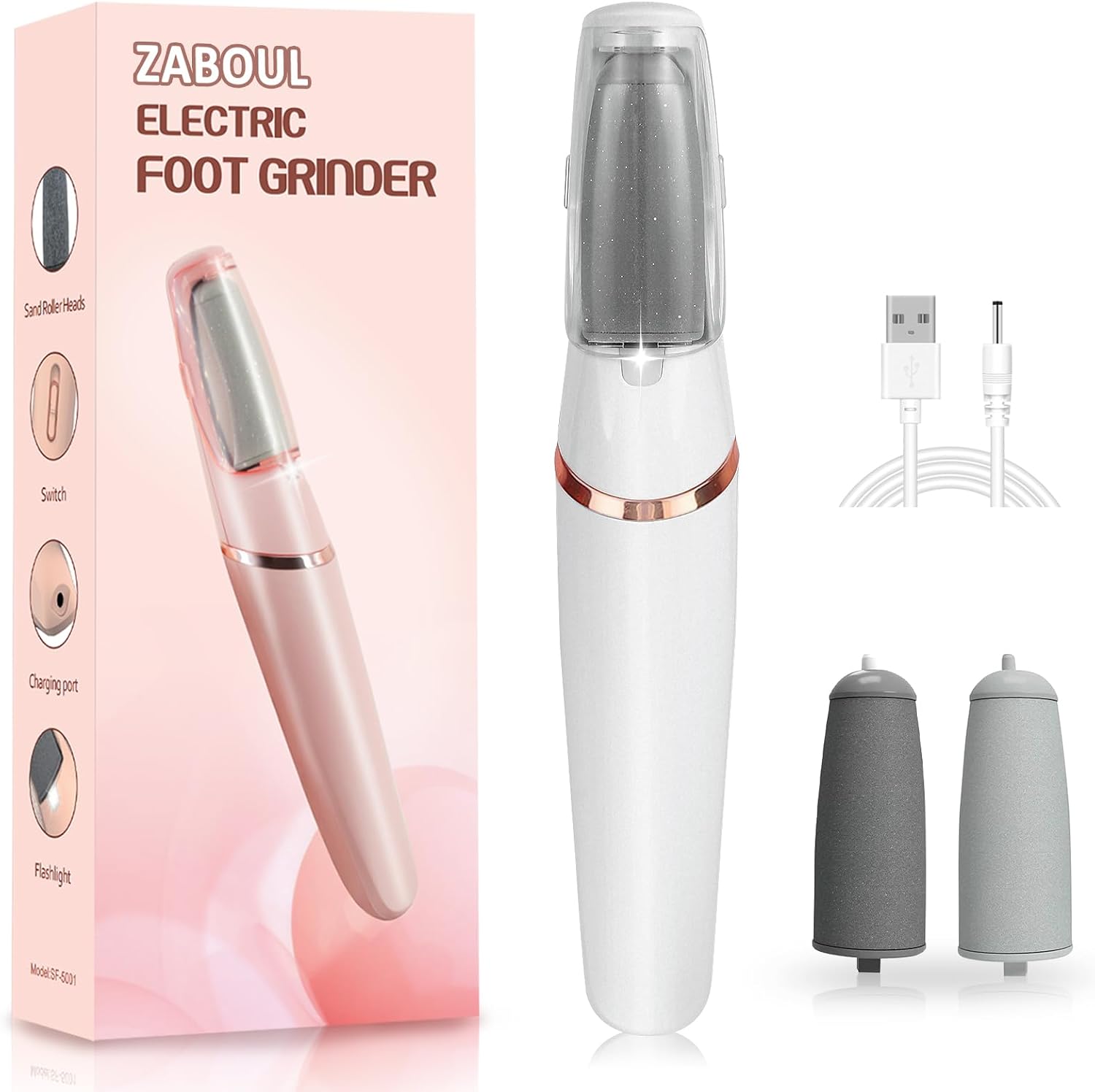 Electric Callus Remover For Feet, Zaboul Electric Foot Filer Rechargeable Pedicure Tools Foot Grinder Smooth Pedicure Wand Feet Care For Removes Dry Hard & Dead Skin Ideal Gift - White