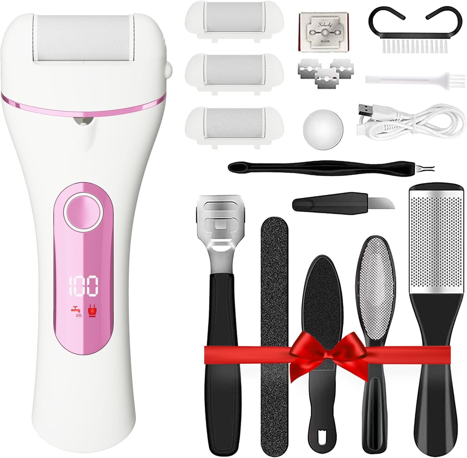 Introduces the full kit and signals the main value proposition: an all-in-one foot care set for home pedicure use.