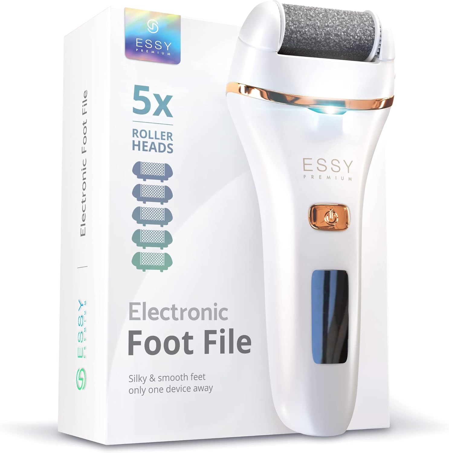 Essy Electric Foot File Rechargeable With 5 Replacement Rollers (White) | For Women's, Men's Smooth Feet, Waterproof, USB Charging, Pressure-Lock Safety