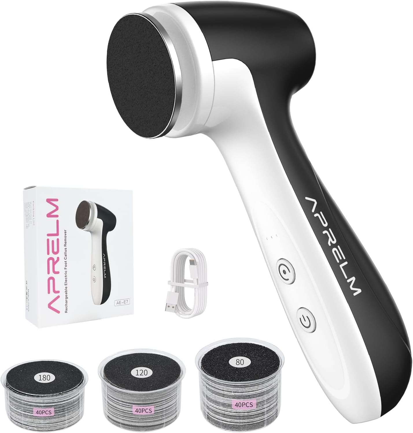 Aprelm Rechargeable Electric Foot Callus Remover With 3-Sizes 120Pcs Sandpaper Discs, Professional 1000Rpm 3-Speed Control Electric Foot File (E7 Black)