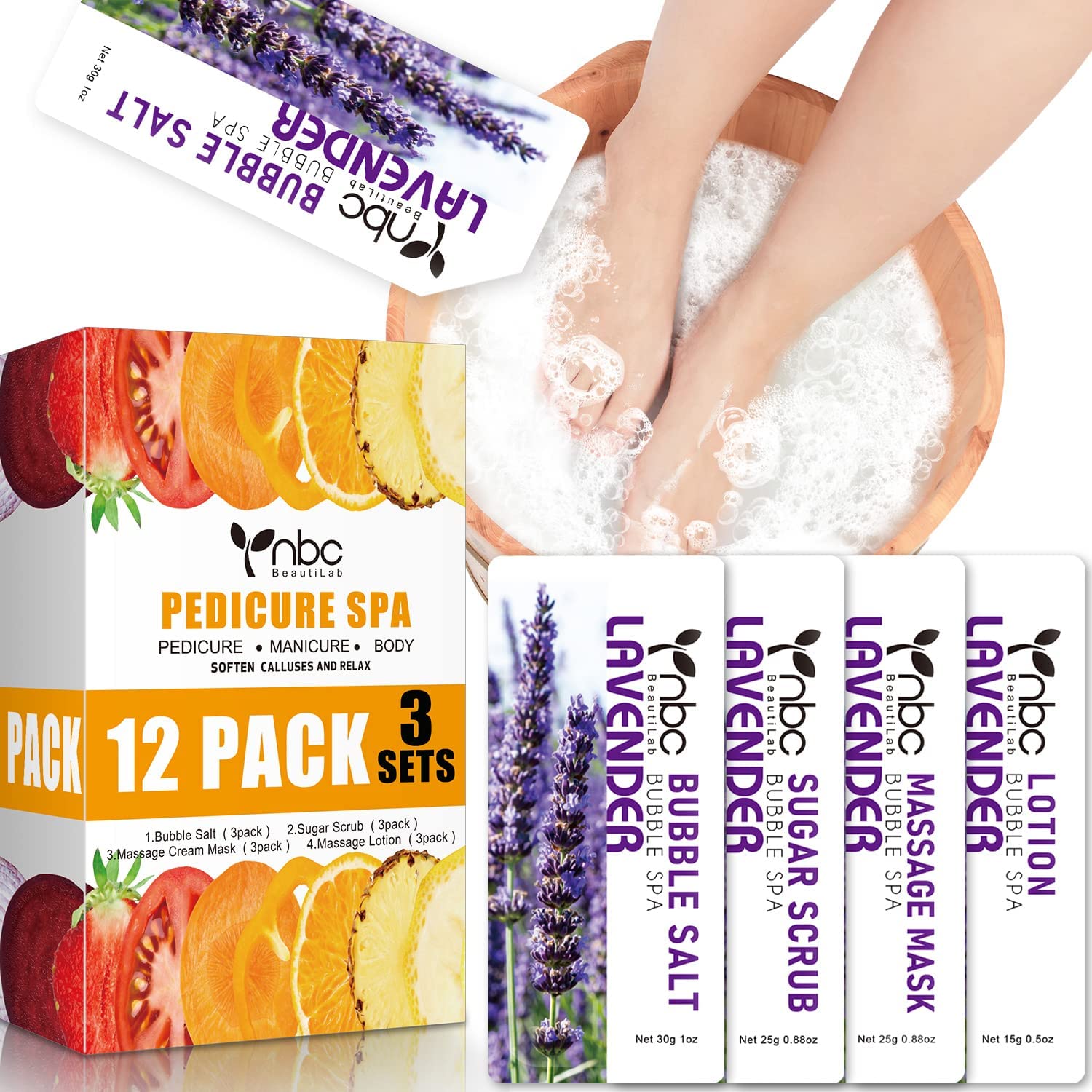 Pedicure Kit Foot Soak Set: Bubble Salt, Sugar Scrub, Massage Mask, Massage Lotion In a Box, 4 Step Foot Spa Kit For Dry Feet, Softens Calluses, Tired Feet（3 Set Lavender)