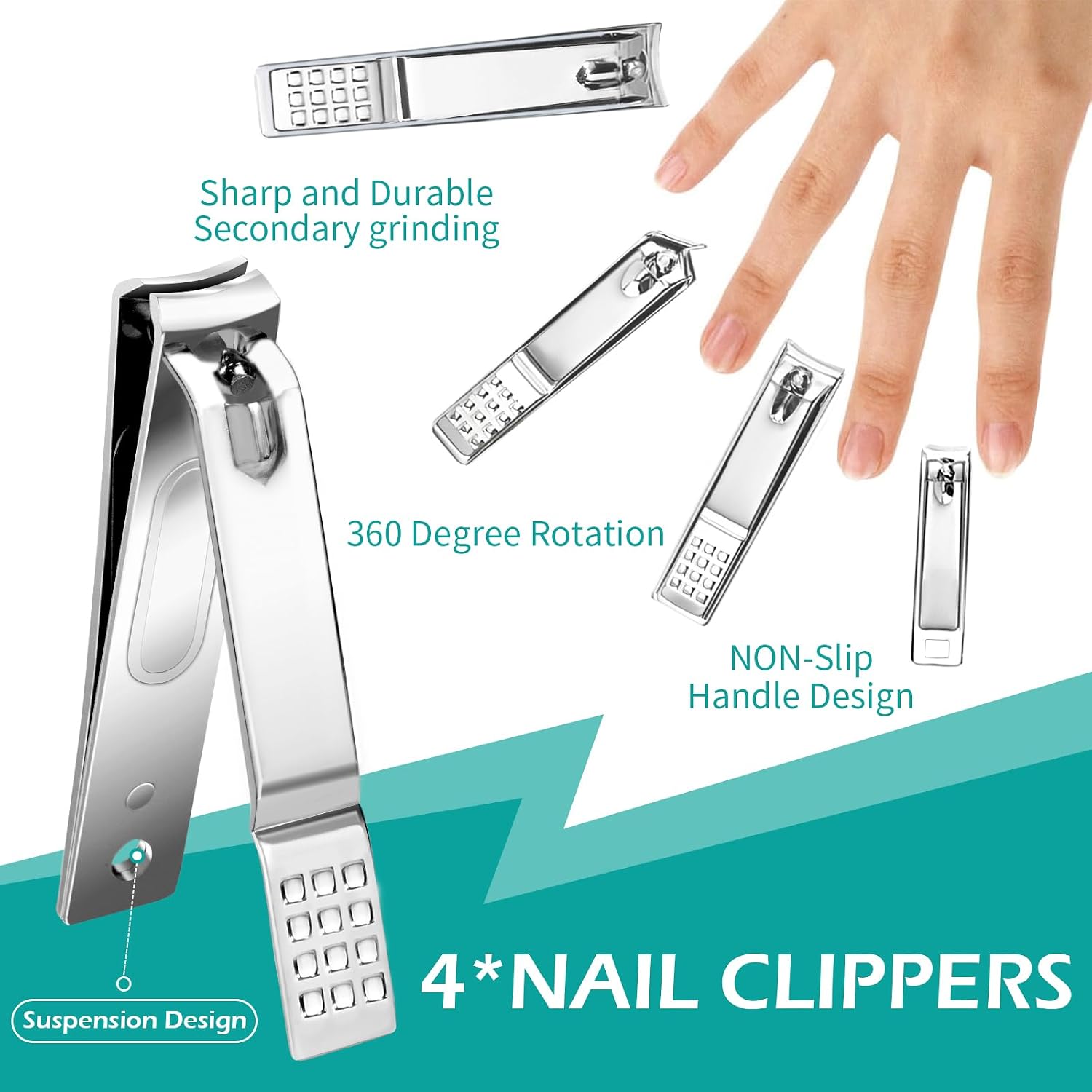 Draws attention to the variety of tools and the metal finish/quality.