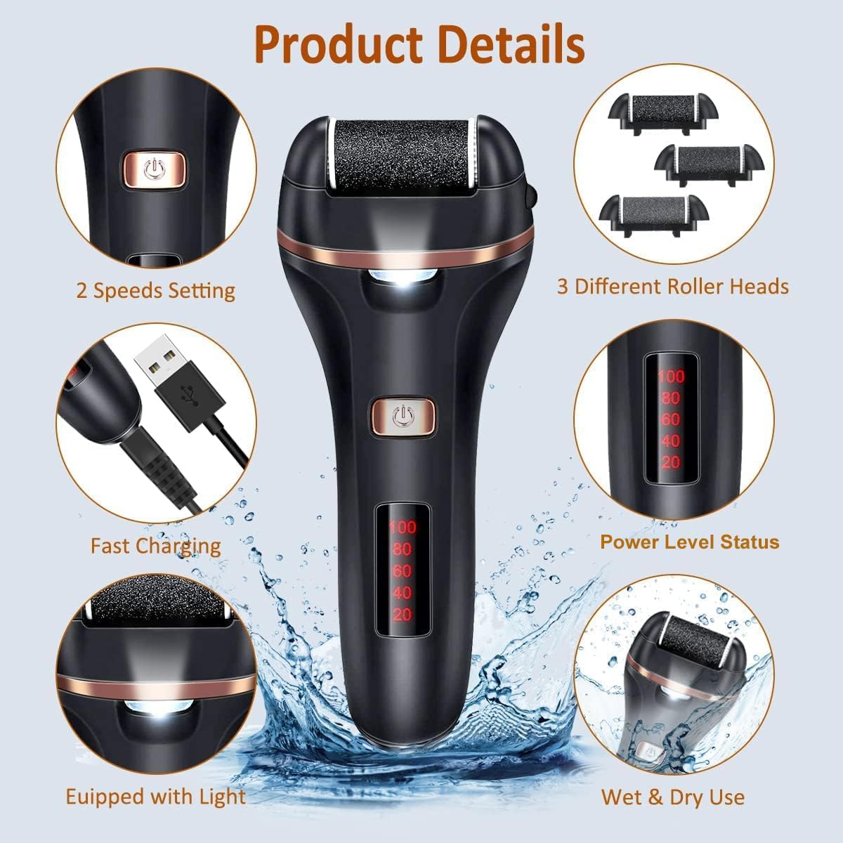 Emphasizes the working head and how the remover is designed to contact hard skin.