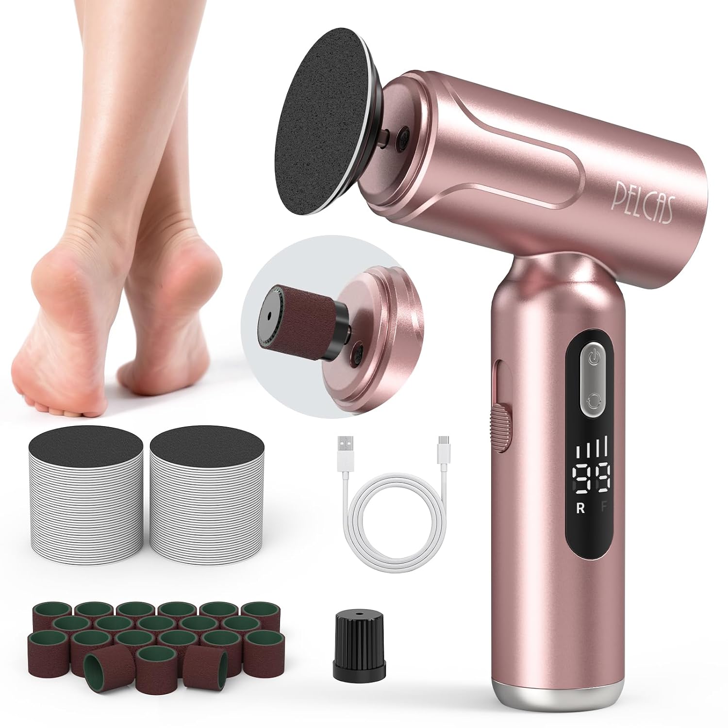 Pelcas Electric Foot Callus Remover, Pedicure Tool For Feet With LED Screen | 2 In 1 Manicure & Pedicure Kit For Foot Callus, Thick Nails, 100 Pcs Sandpapers Electric Foot File For Women & Men, Pink