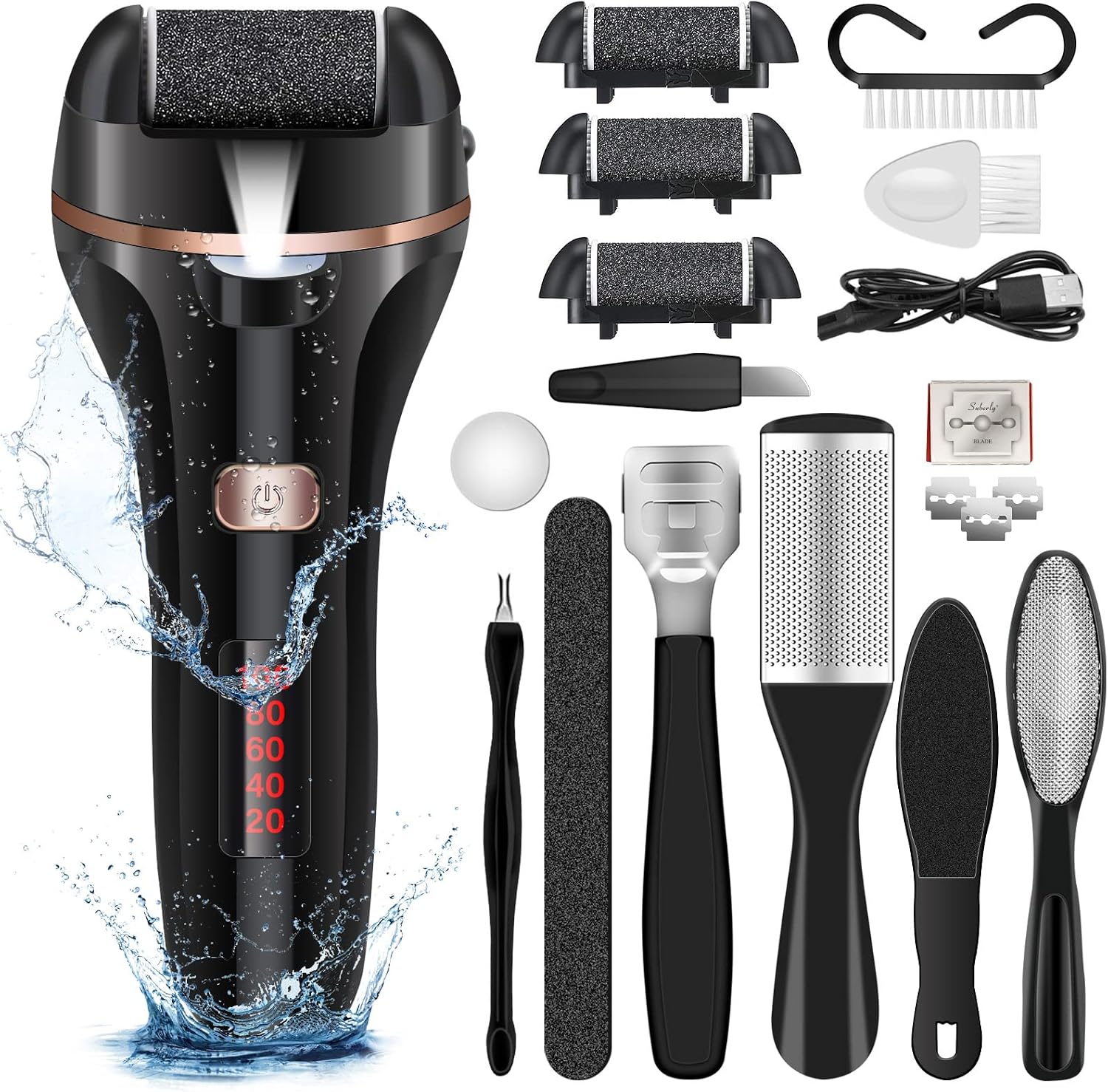 Electric Foot File Callus Remover, Rechargeable Pedicure Tools Foot Care Kit, Callus Remover For Feet With 3 Roller Heads,2 Speed For Remove Cracked Heels Calluses And Hard Skin