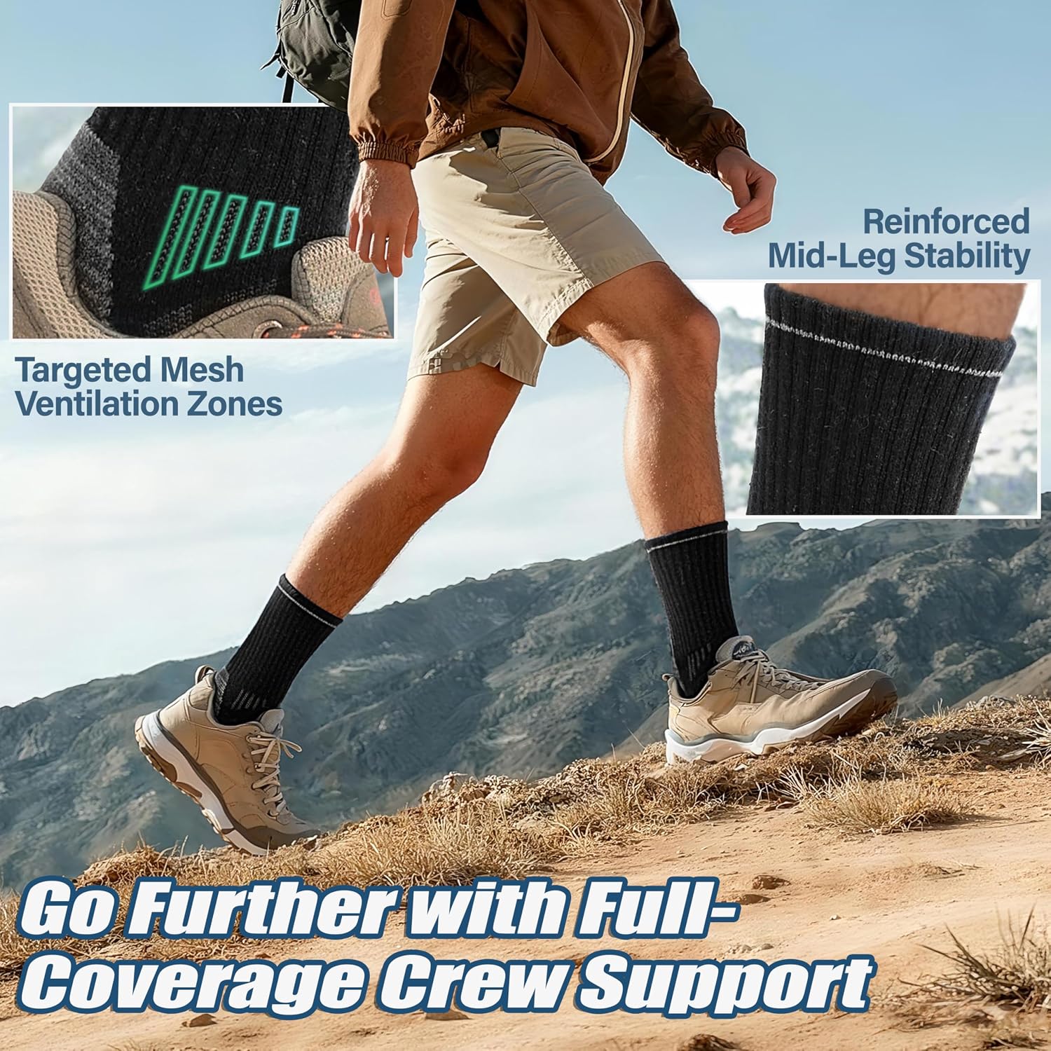 Antsang Merino Wool Hiking Socks, Enhanced Breathability, For Men And Women | Targeted Cushion, Stabilization System, Dynamic Mesh Ventilation, Thermal, Moisture-Wicking, Crew Socks, 5 Pairs