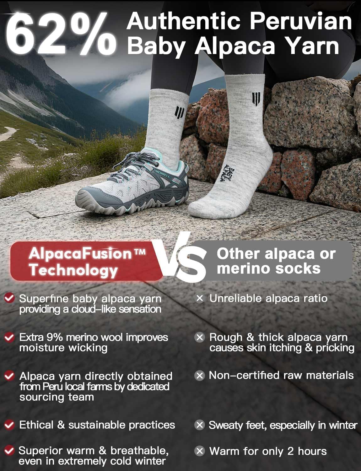 Juclise Alpaca Wool Lightweight Micro Crew Socks Moisture Wicking Anti-Blister Merino Hiking Breathable Cushioned Work