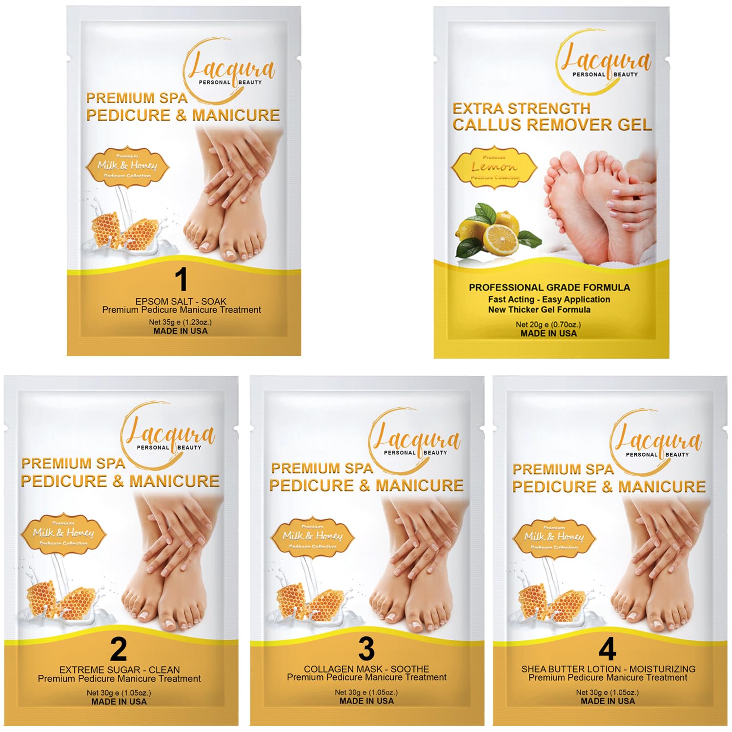 Deluxe Pedicure Kit 5 Step Spa Set – Epsom Salt Soak, Callus Remover Gel, Sugar Scrub, Collagen Mask & Shea Butter Lotion – Professional At Home Foot Care (Milk & Honey, 01 Set)