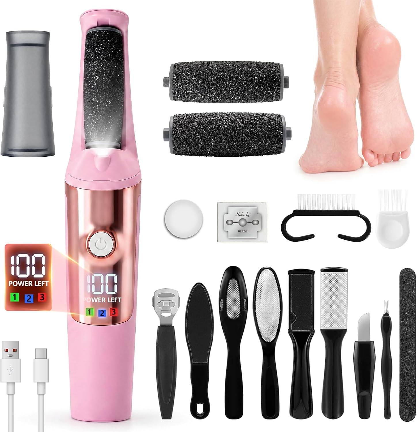 Highlights the overall design, color, and portability of the foot file, making it easy for shoppers to identify the device quickly.