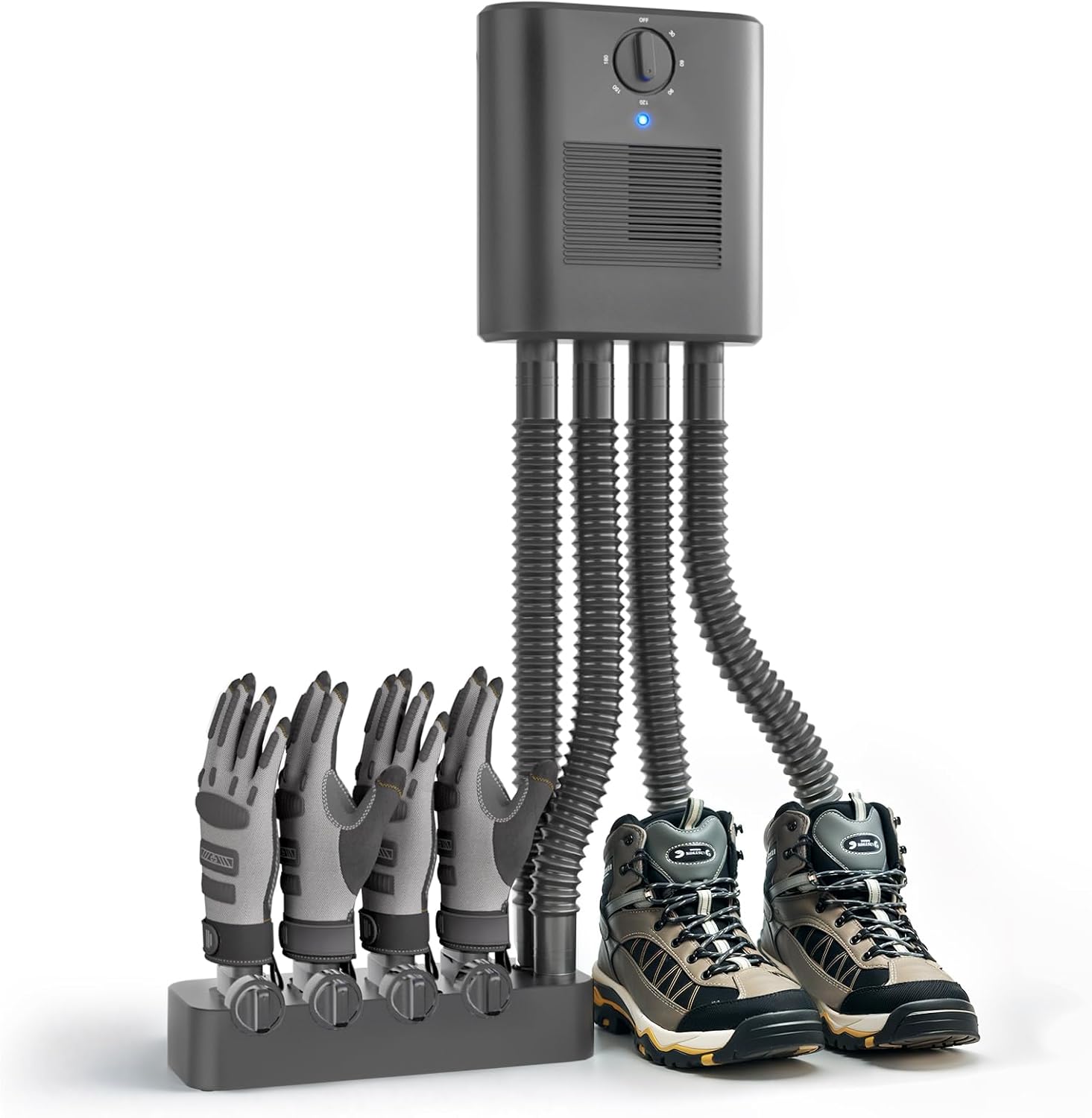 Wall Mount Shoe And Boot Dryer, Black | Glove Attachment, 4 Flexible Tubes, 4 Glove Racks, 180 Min Timer