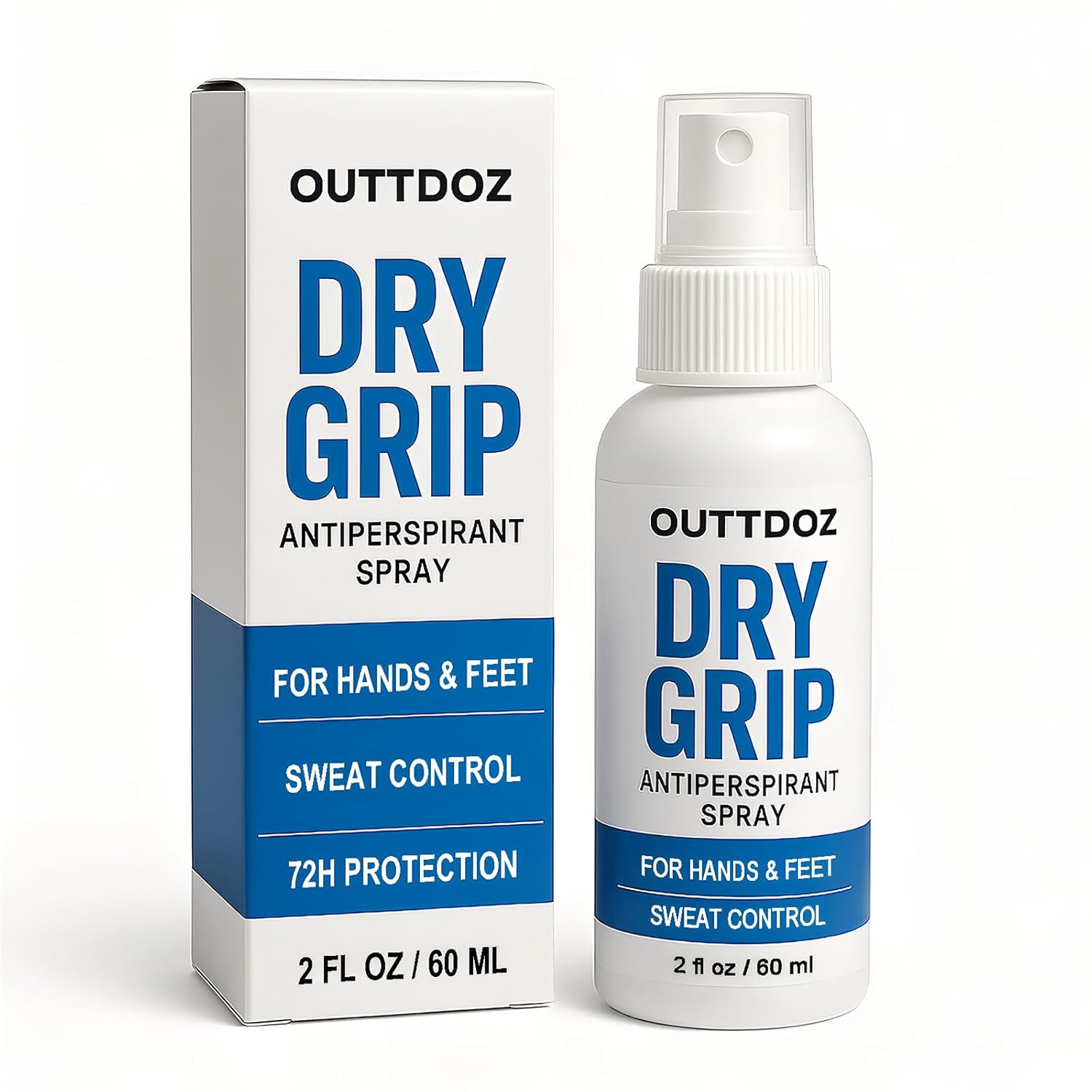 Shows the packaging, brand identity, and that this is a spray antiperspirant for hands and feet.