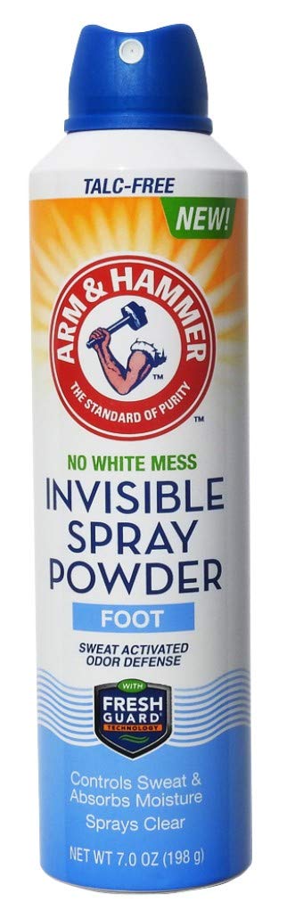 Brand identity, packaging design, and the product format as a clear spray powder for foot odor and moisture control.