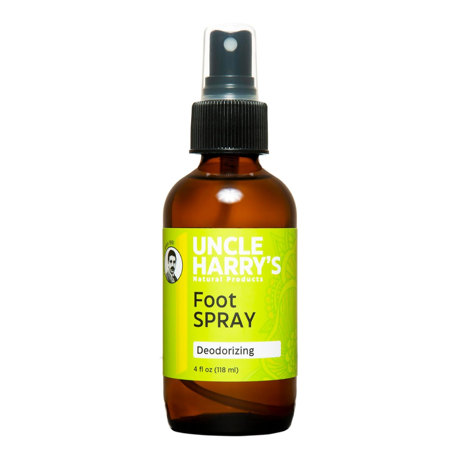 Highlights the bottle, brand identity, and the fact that this is a spray-format foot and shoe deodorizer.
