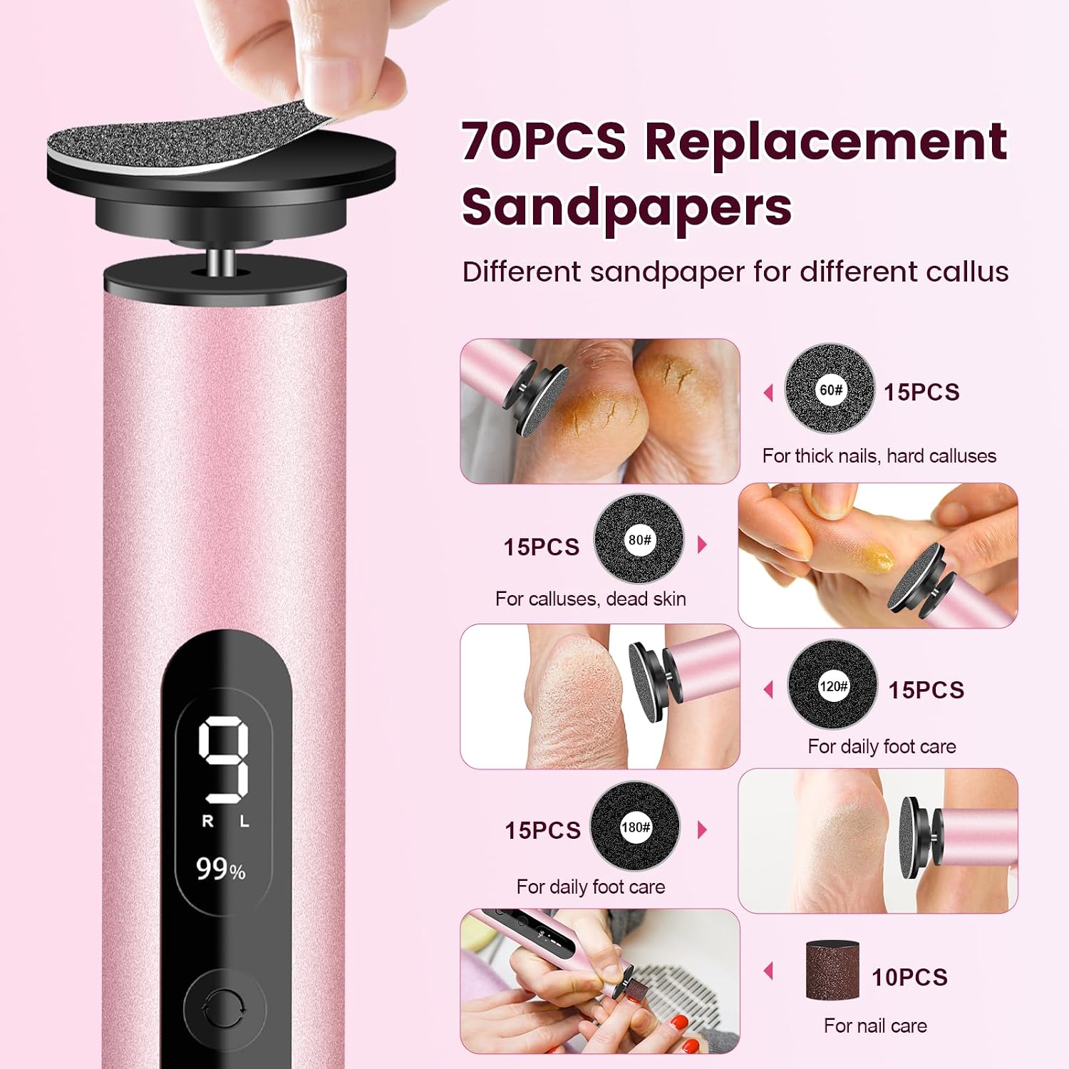Electric Foot Callus Remover With LED Battery Level (Pink) | 2-In-1 Pedicure Kit , 9-Speed Control Display, Wireless Charger,Multi-Sandpape (70 Sheets) , Nano Glass Head For Dead Skin