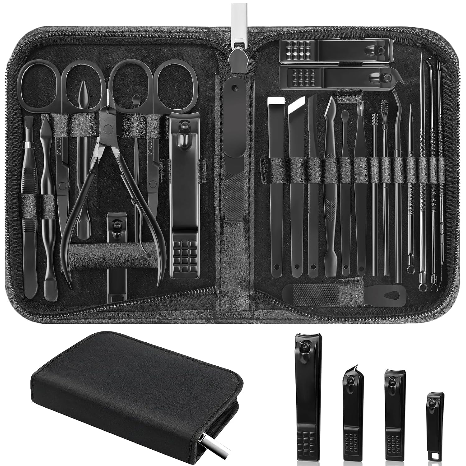 26Pcs Manicure Nail Clipper Set For Men Women Gift, Black Case | Family & Travel Essential, Professional Tools, Pedicure Kit, Mens Grooming, Fully Functional, Heavy Duty Steel