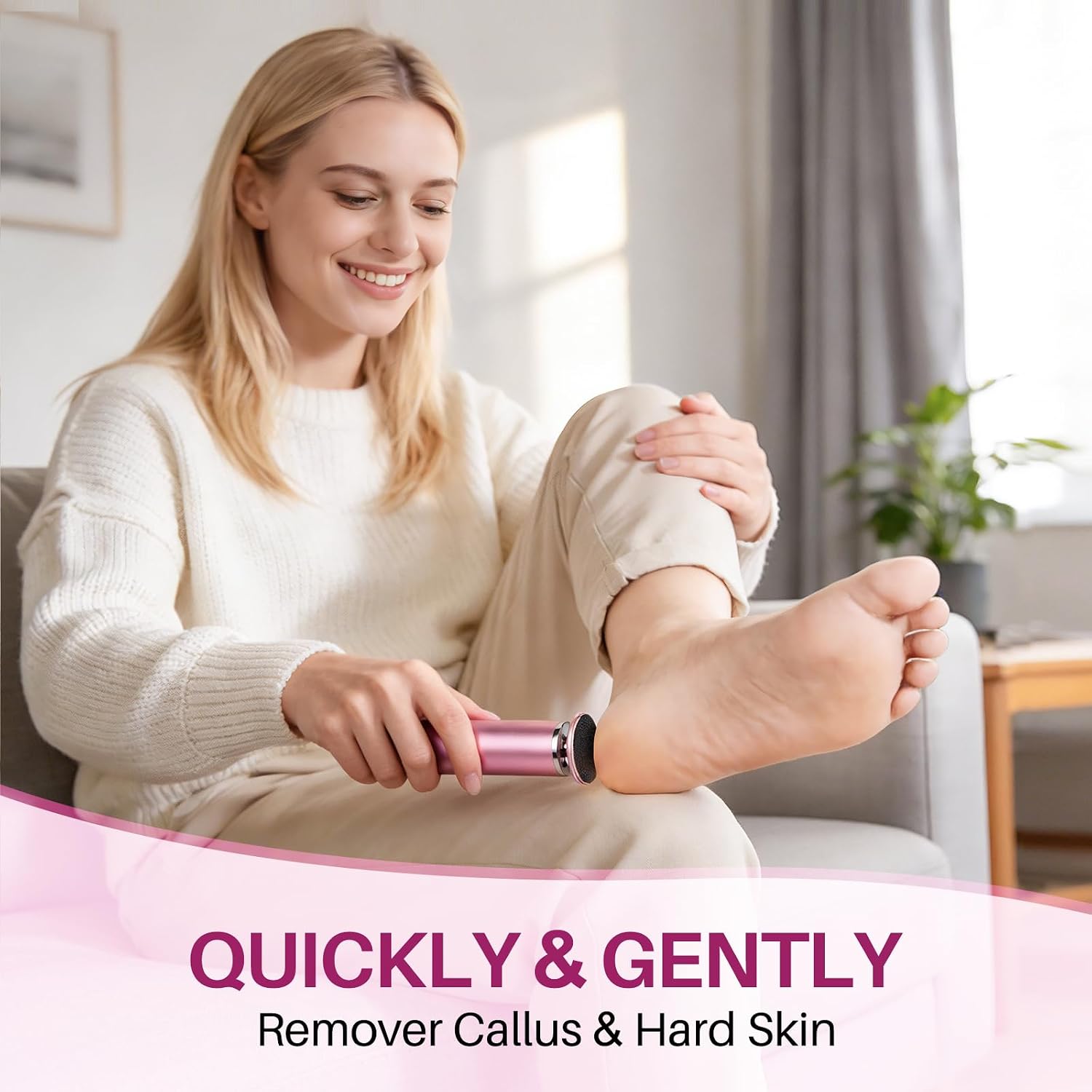 Emphasizes the exfoliating mechanism, disc attachment system, and how the tool contacts rough skin and calluses.