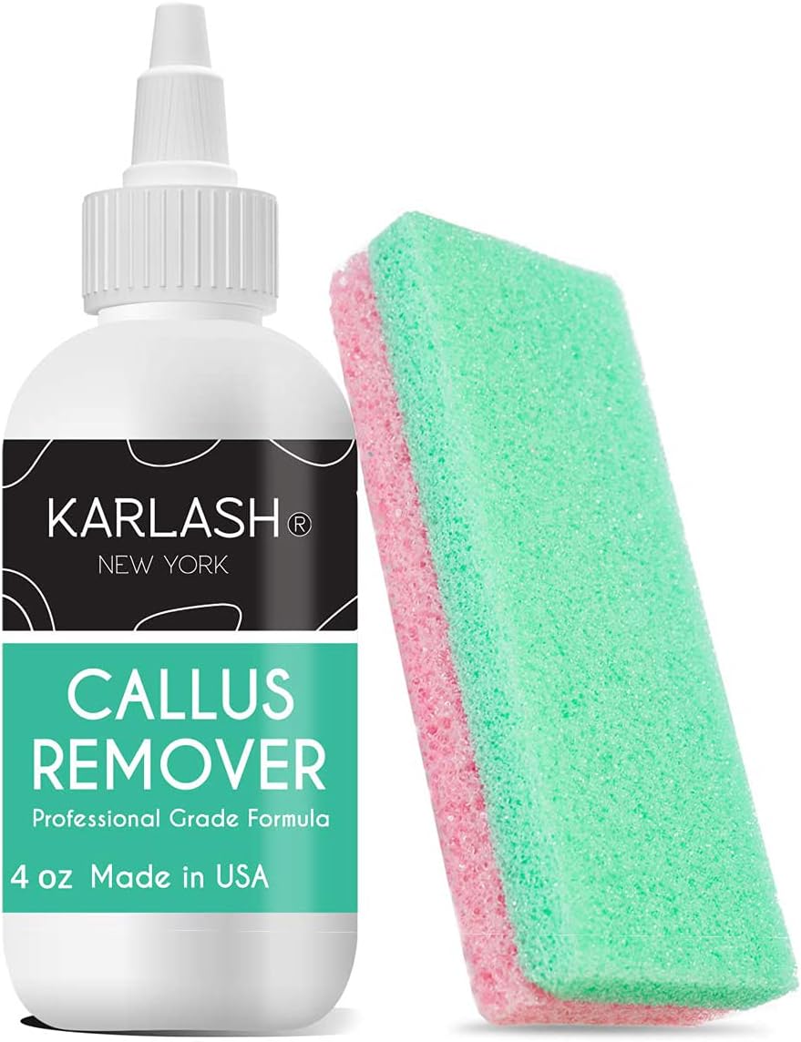 Highlights the complete kit, bottle presentation, and the included pumice stone for easier foot-care treatment.