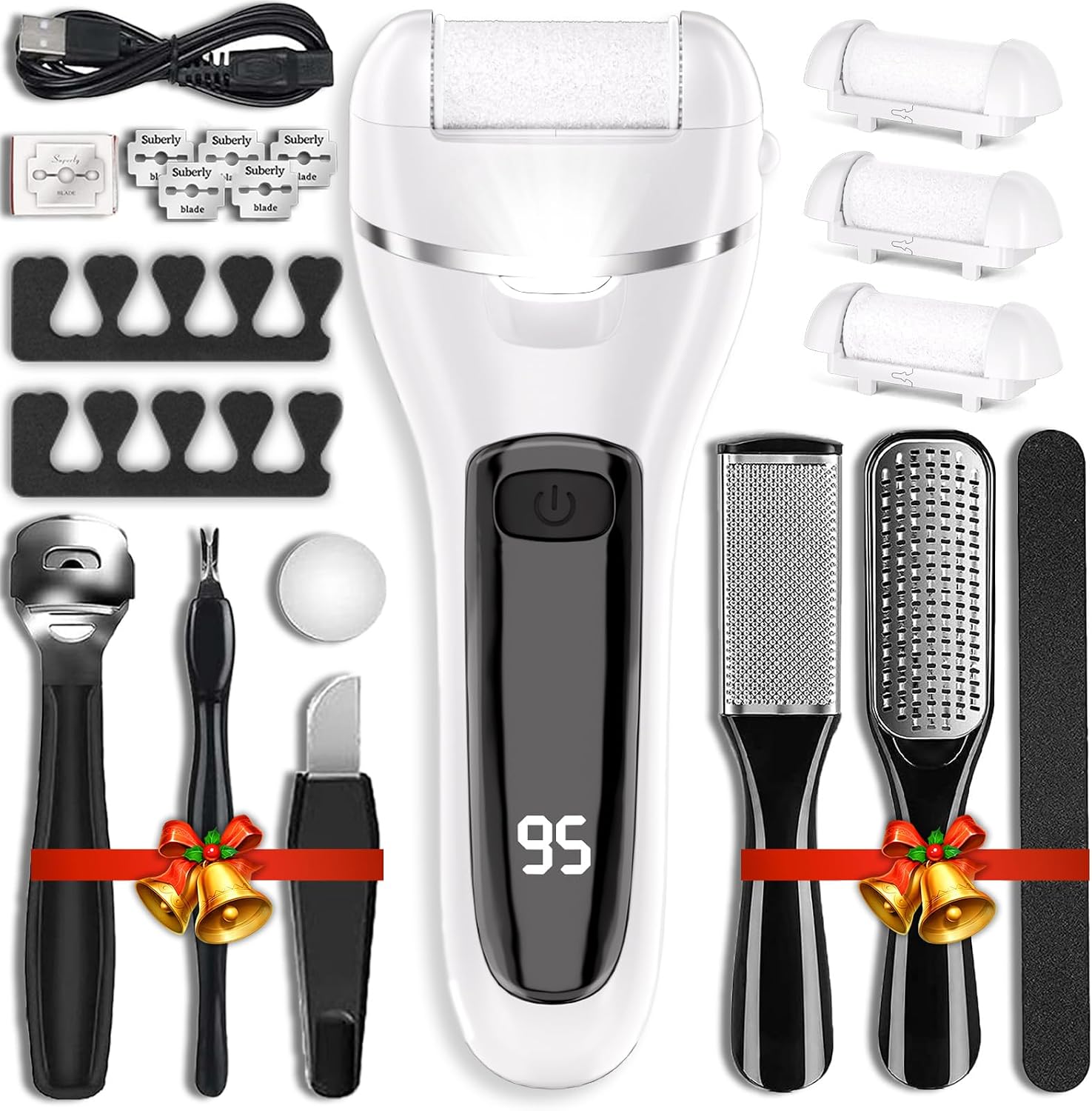 Highlights the overall product identity, included accessories, and the cordless electric foot-care concept at a glance.