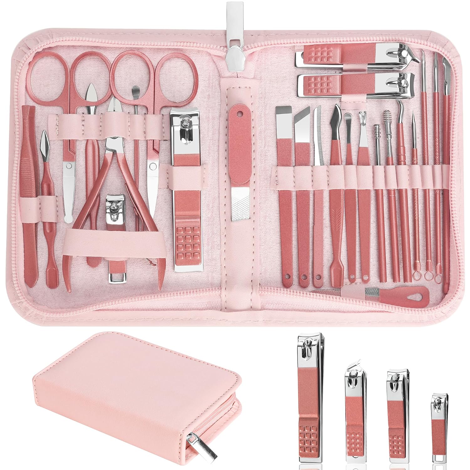 Shows the overall completeness of the 26-piece set and the attractive metallic pink presentation.