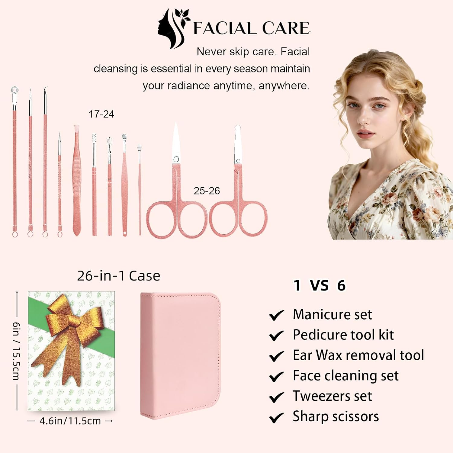 Highlights the precision and stainless steel construction of the grooming instruments.
