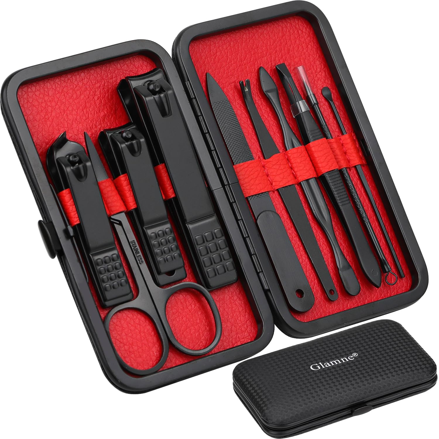 Glamne Manicure Set Nail Clippers Kit Professional Stainless Steel Nail Care Tools With Leather Travel Case 10 In 1 Black