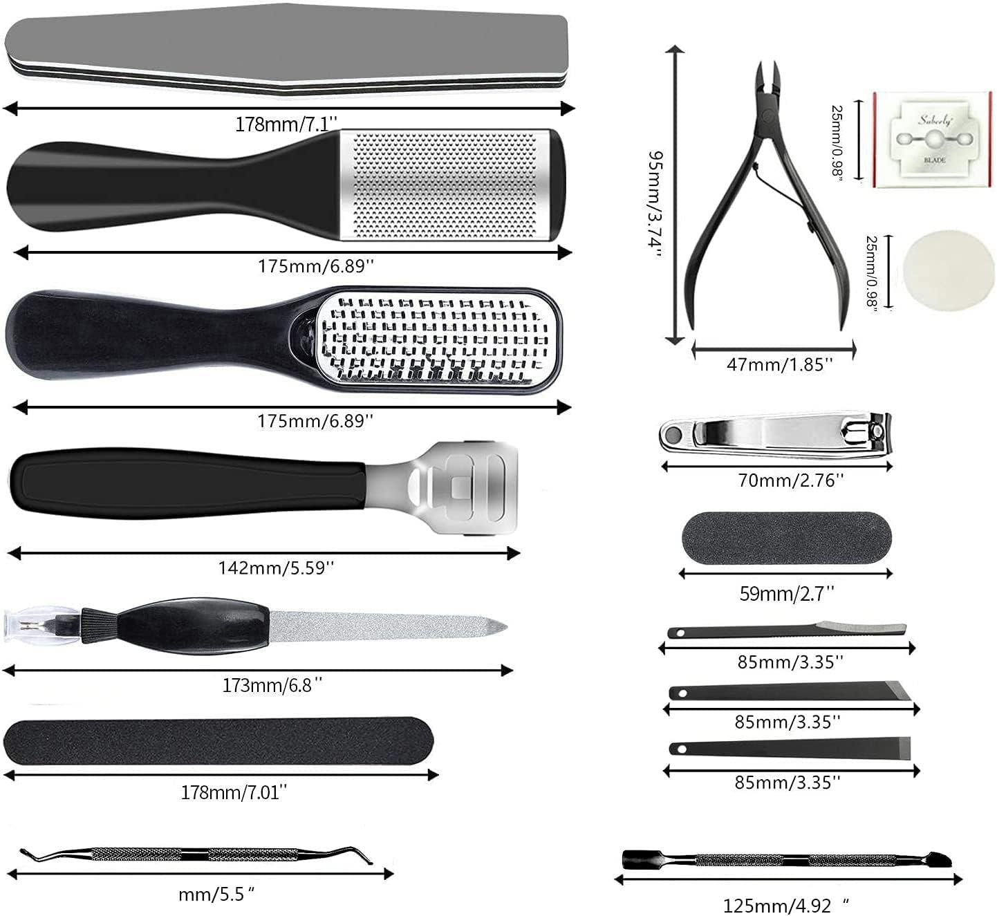 Shows the different tool types and suggests the set is meant for multiple foot and nail care tasks.