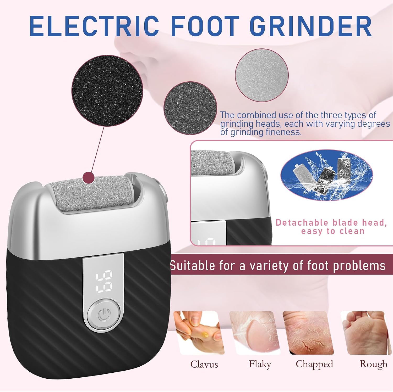 The abrasive head design, replaceability, and cleaning convenience.