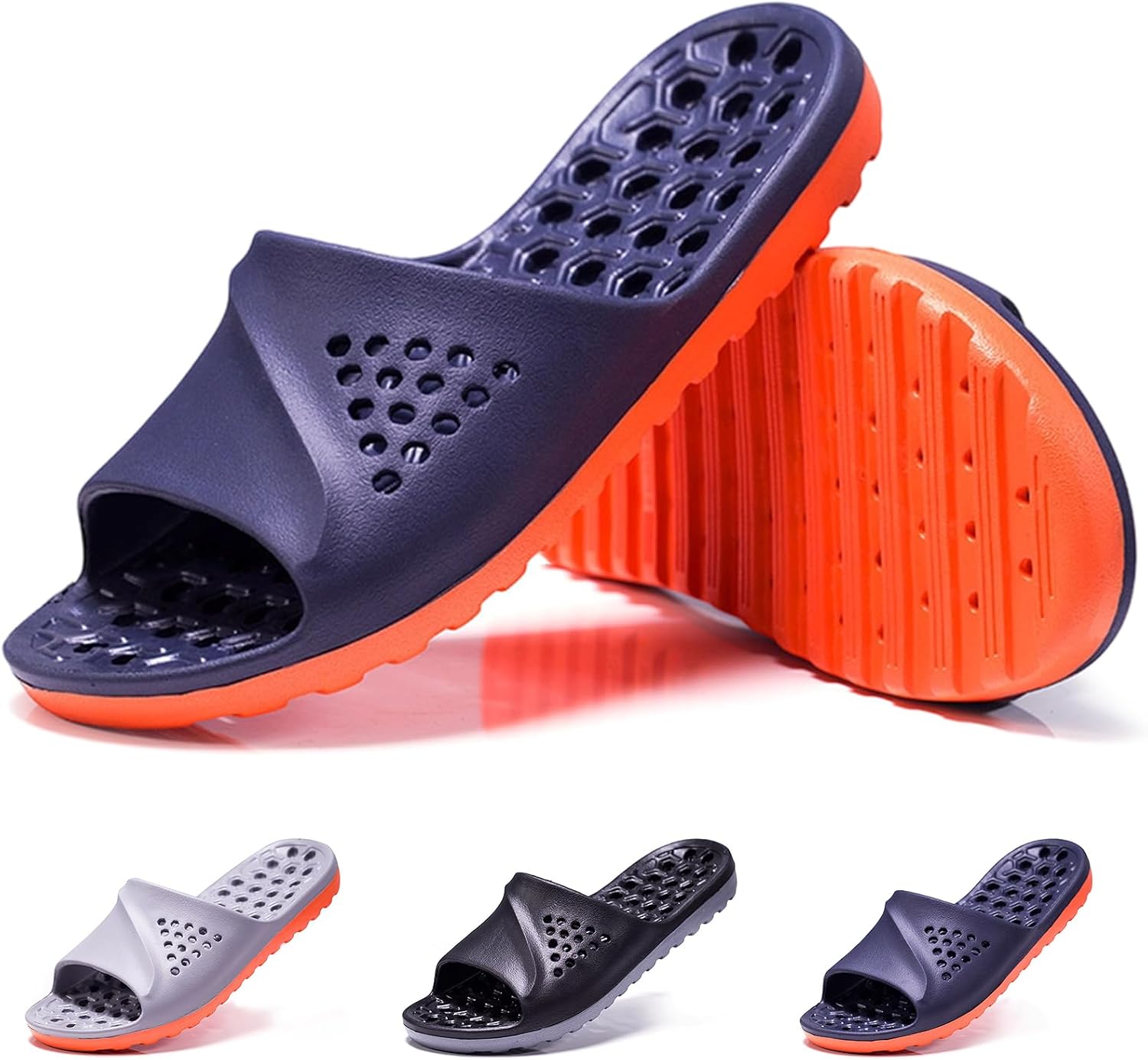 Shows the main silhouette, EVA build, and the simple slip-on design buyers expect from shower slides.