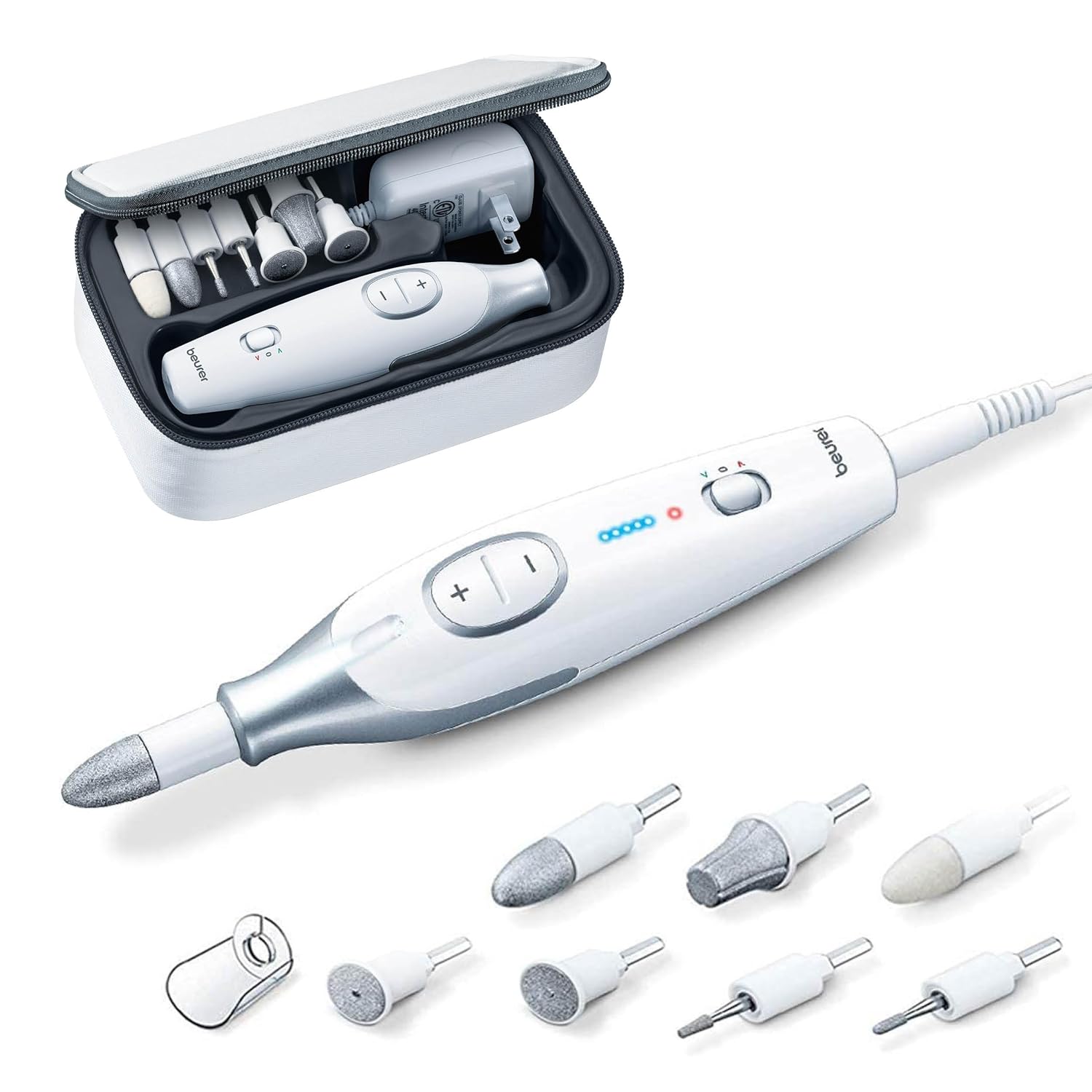 Beurer Mp42 Nail Drill, 7-In-1 Nail Kit With Strong Sapphire Nail Drill Bits, Electric Nail File And Nail Buffer Includes Bright LED Light, Pedicure Kit And Manicure Set With Storage Case